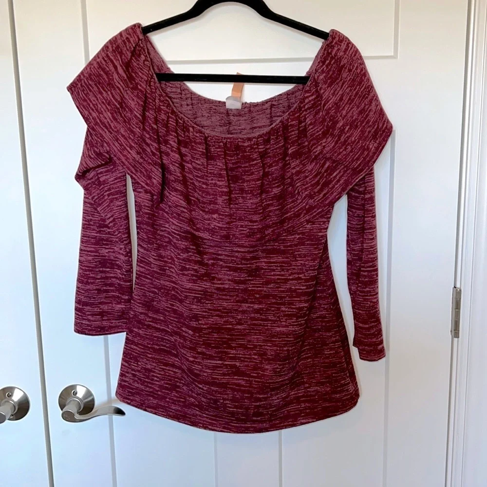 Burgundy Ruffle Off-Shoulder Sweater - Picture 1 of 3